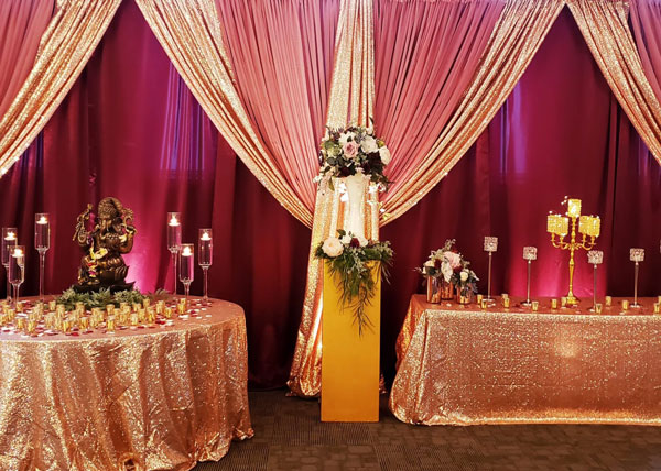 Pink and Gold drapery decorations.