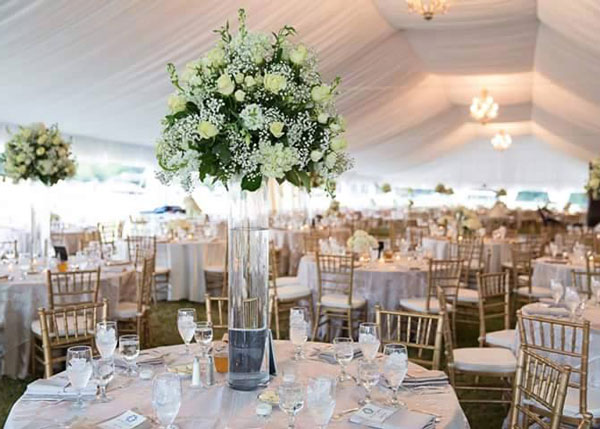 table-arrangement-of-rental-products White and Green flower centerpiece on a white tablecloth with many more in the background.