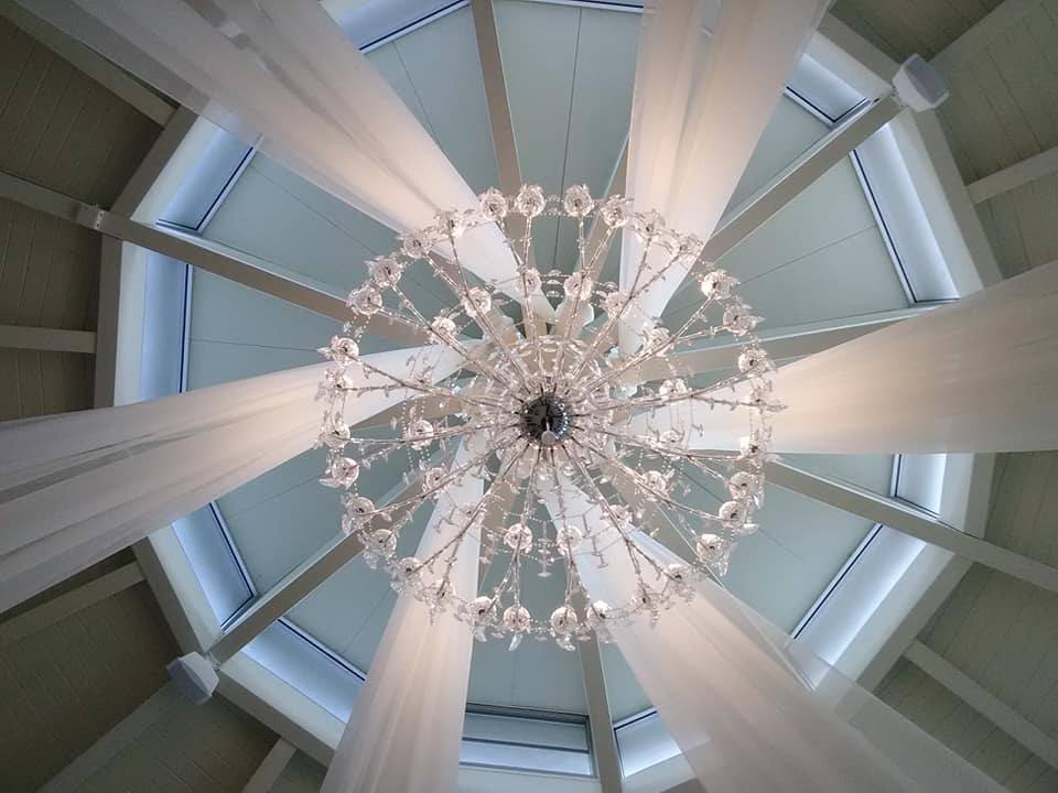 tru-event-photos-7 Spiral drapes hung from a chandelier with a view from underneath.